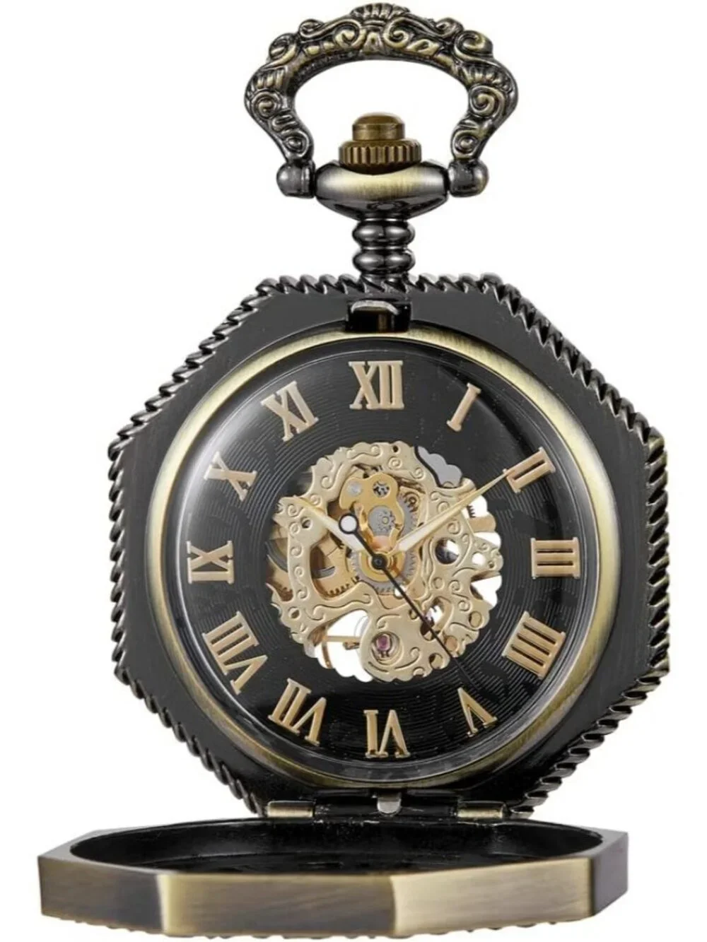 Men Black Retro Skeleton Roman Numerals Hollow Mechanical Octagonal Pocket Watch